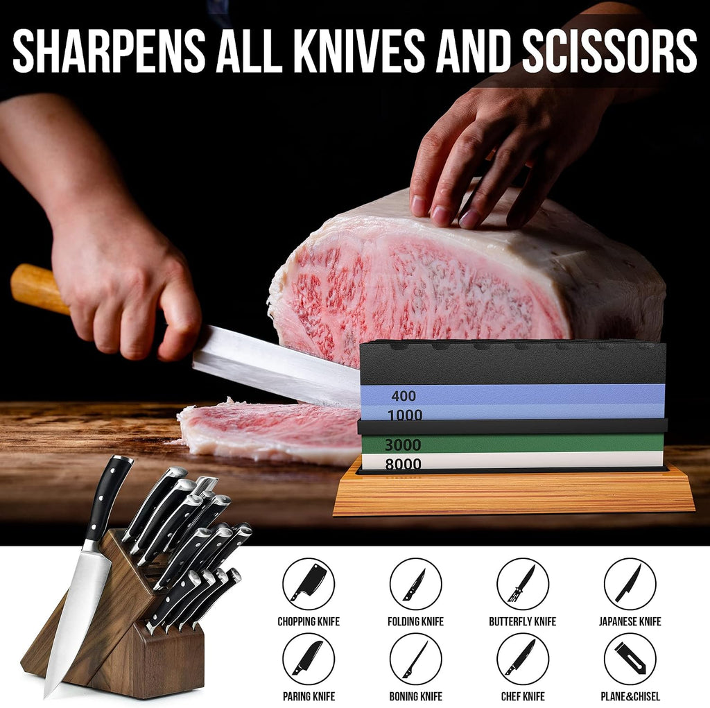 Whetstone Knife Sharpening Stone Set, Double-Sided Grit 400/1000 3000/8000 | Complete Knife Sharpener Stone Kit with
