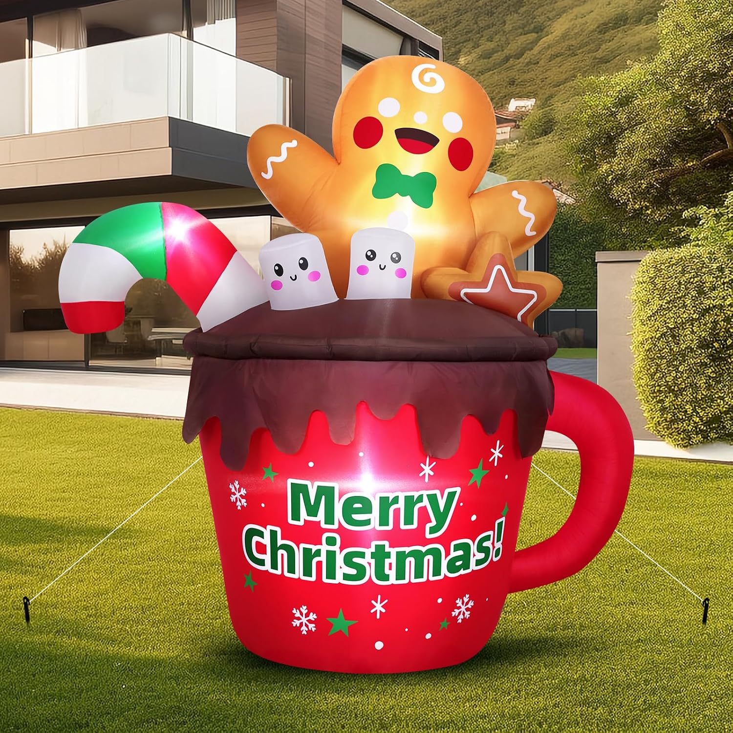 6FT Christmas Inflatables Outdoor Decorations, Gingerbread Christmas Inflatable Hot Cocoa Mug with Built-in LEDs Blow