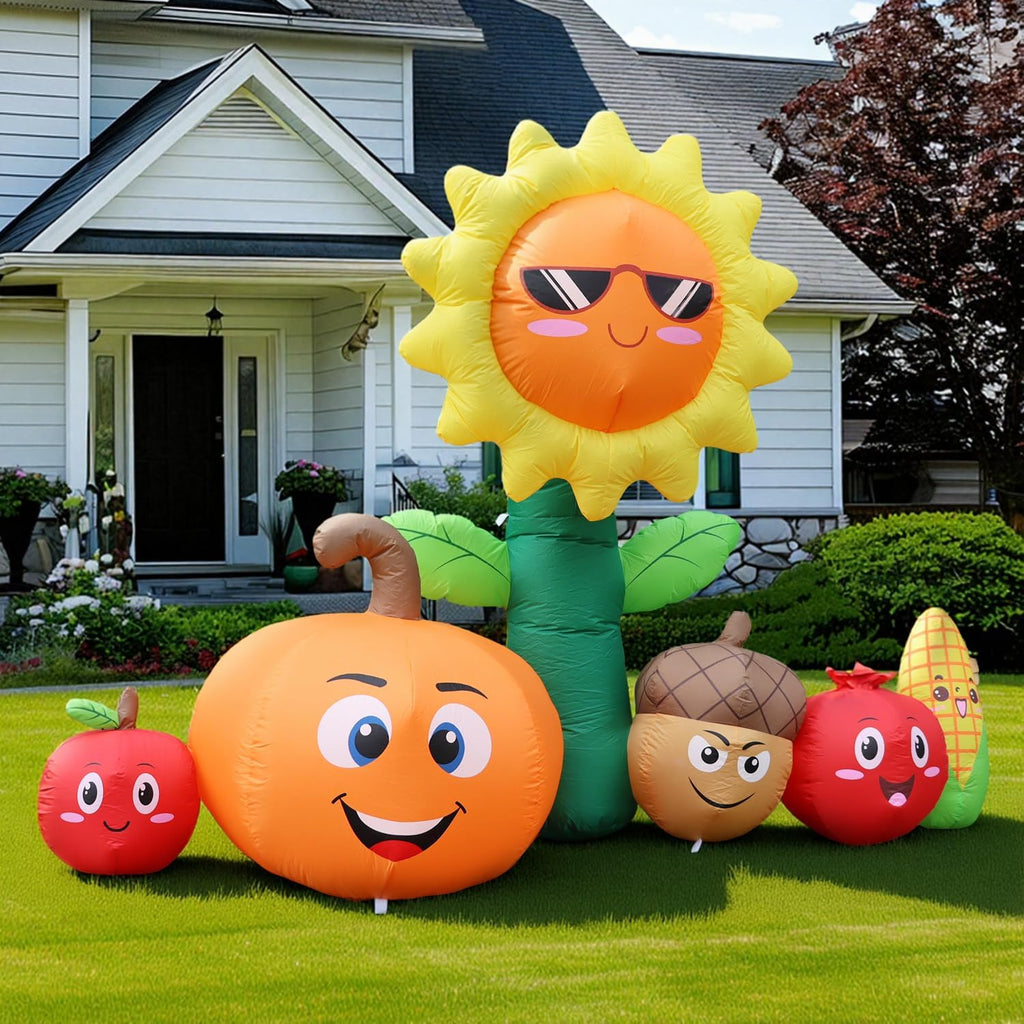8FT Long Thanksgiving Inflatables Outdoor Decorations, Fall Blow ups Decorations Sunflower and Vegetables, Build in