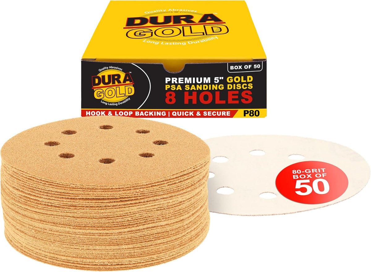 Dura-Gold 5" Gold Sanding Discs, 80 Grit, Box of 50, 8 Hole Pattern, H & L