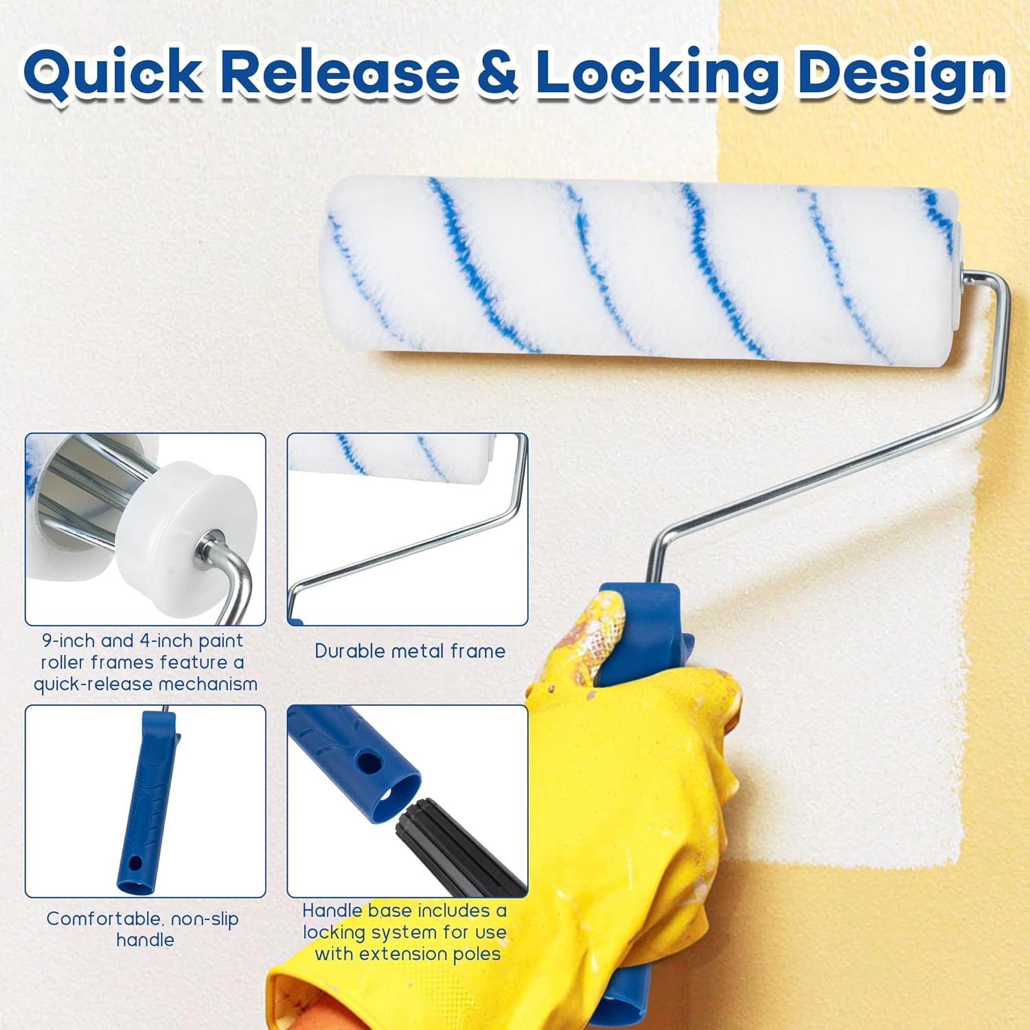 Paint Roller Kit with Extension Pole, 4" 9" Paint Roller with Tray, Paint Brushes Set for Professional Painting