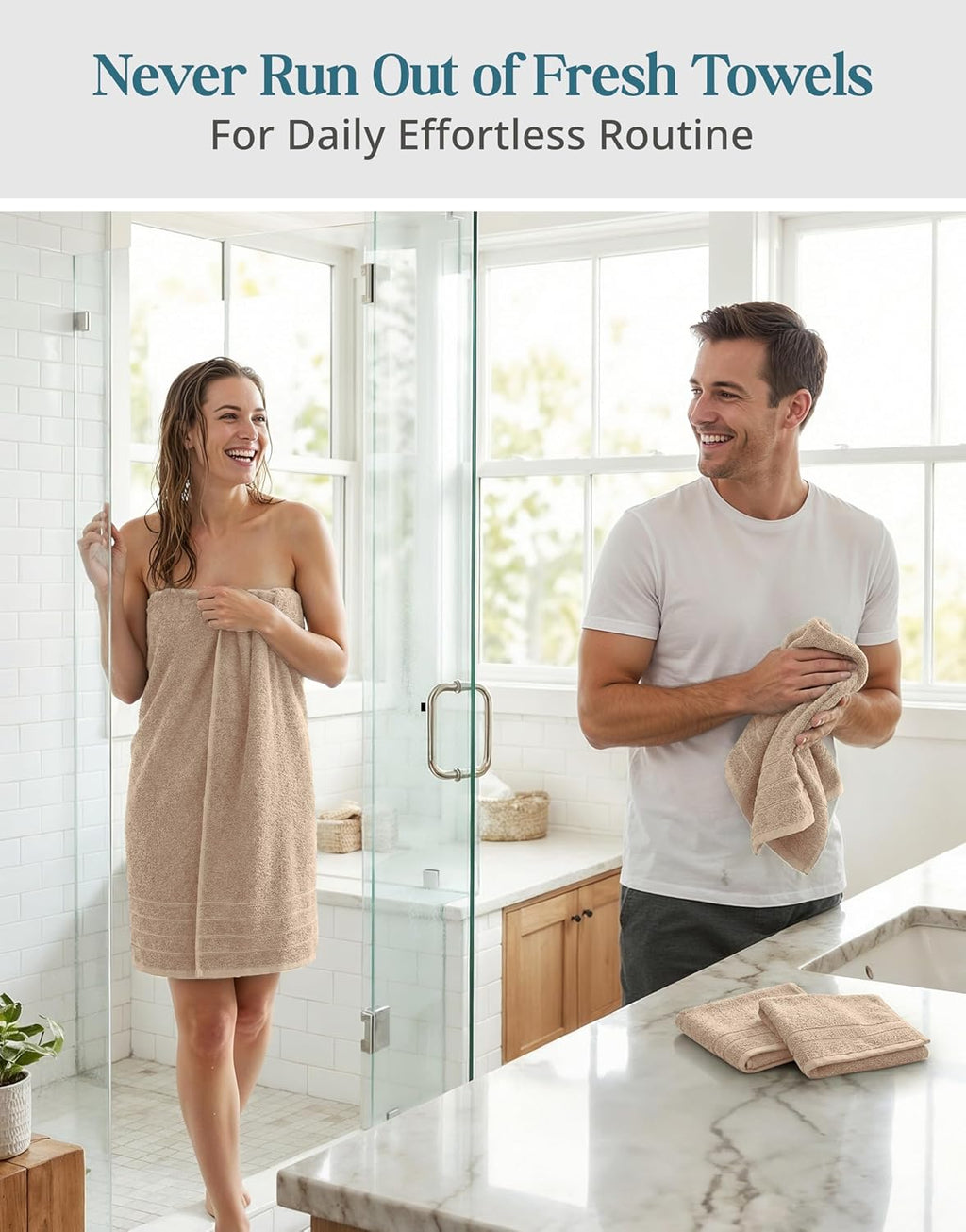 Bath Towel Set 100% Cotton 8 Piece Soft Absorbent - Beige | Shower Towels - Generously Sized, Oversized & Roomy