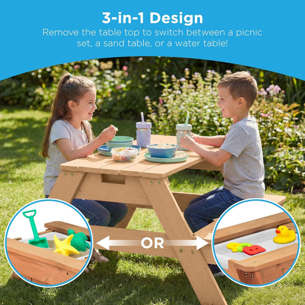 Kids Picnic Table with Umbrella, 3-in-1 Sand & Water Table, Outdoor Convertible Picnic Table for Toddlers, Seats 4