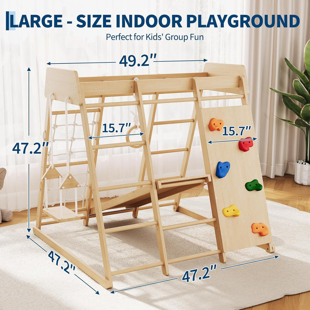 8-in-1 Indoor Playground Jungle Gym Kids Climbing Toys, Wooden Climber Playset with Slide, Swing, Monkey Bars & Climb