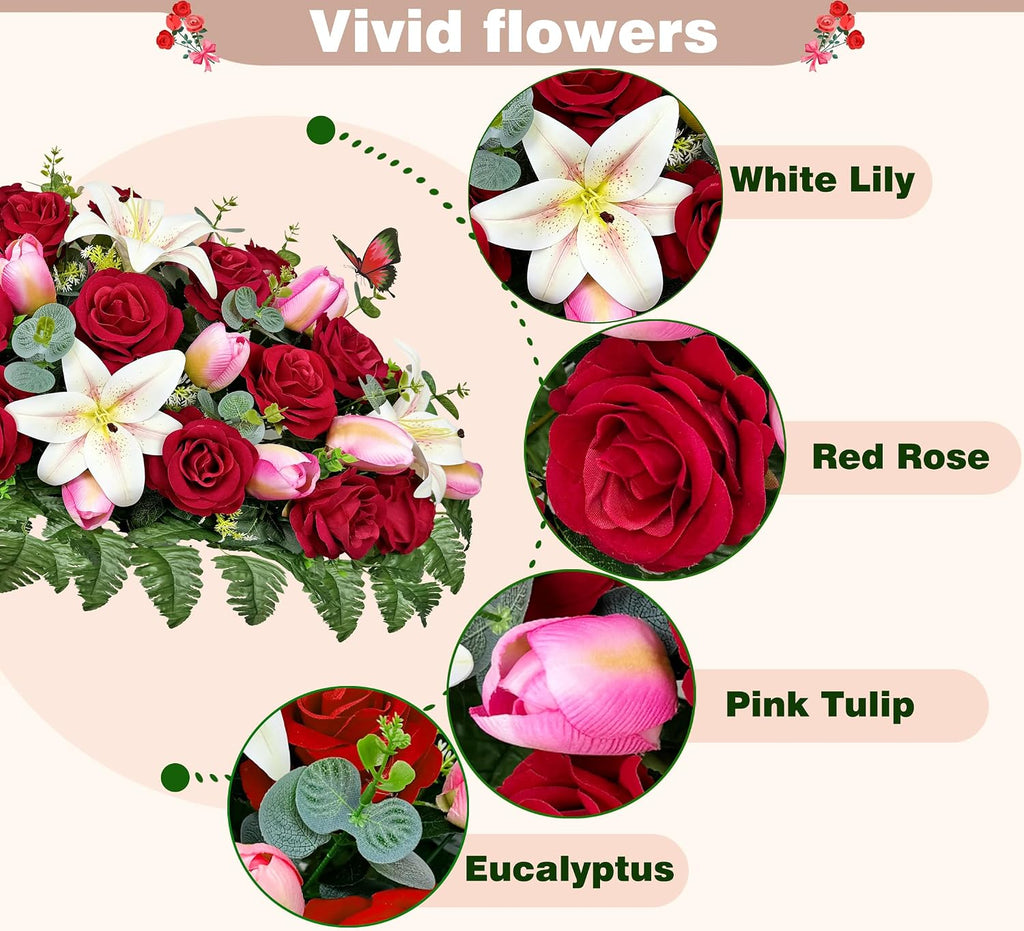 Artificial Cemetery Flowers – Realistic Silk Flower Outdoor Grave Decorations,Headstone Flower Saddle, Non-Bleed