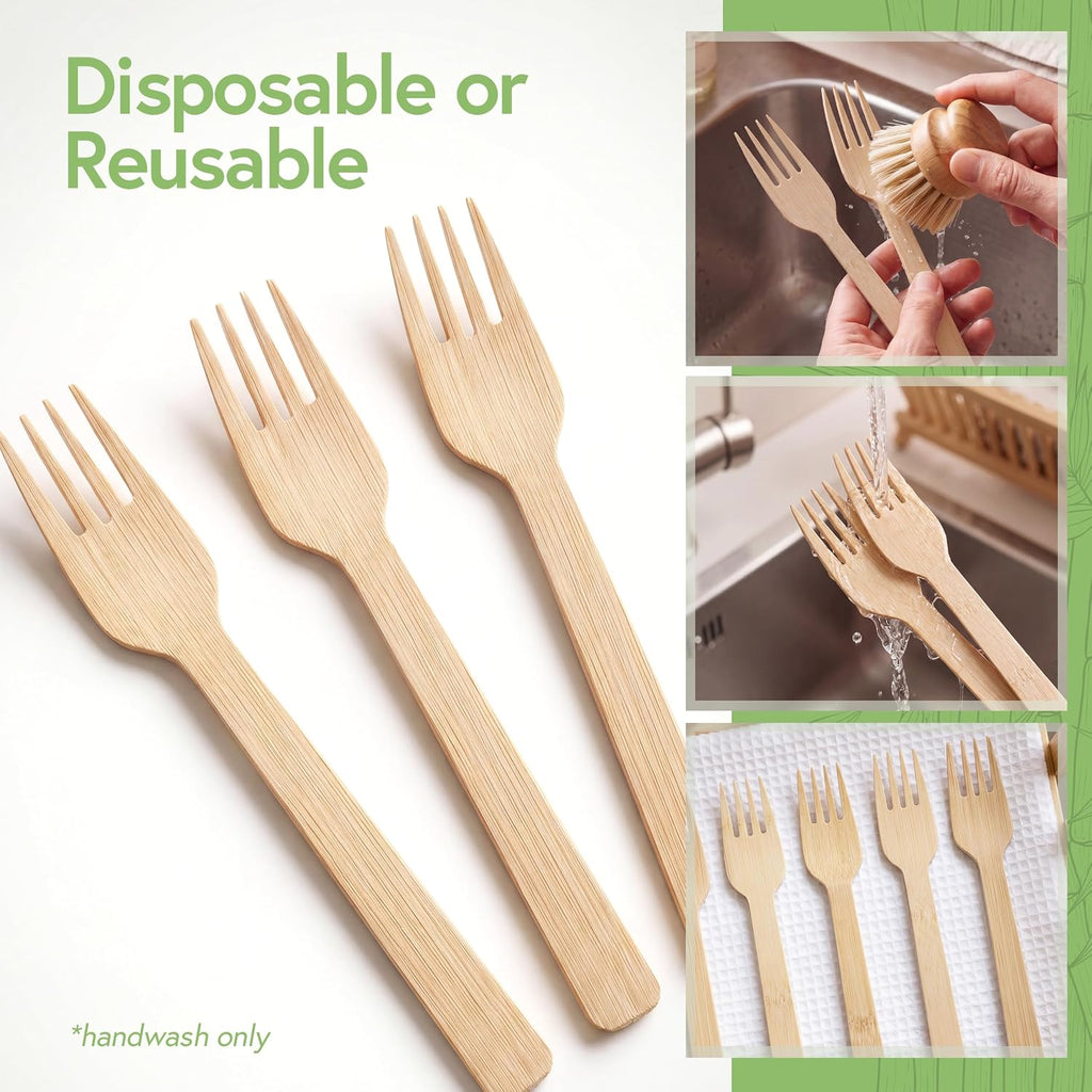 100% Bamboo Forks Set, 100 Pack, Disposable Compostable Cutlery