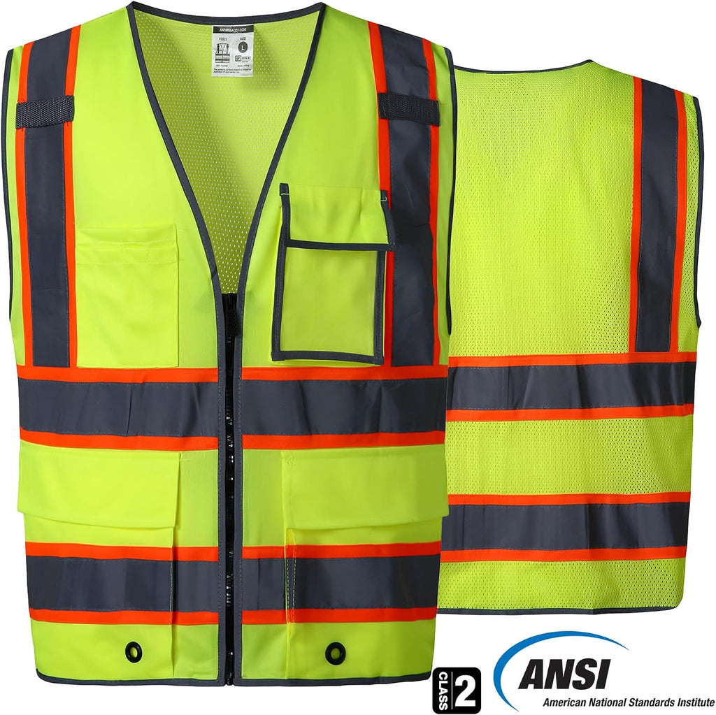 10 Pockets Safety Vest, Class 2 High Visibility Security with Zipper Back Mesh, Hi Vis Vest with Reflective Strips