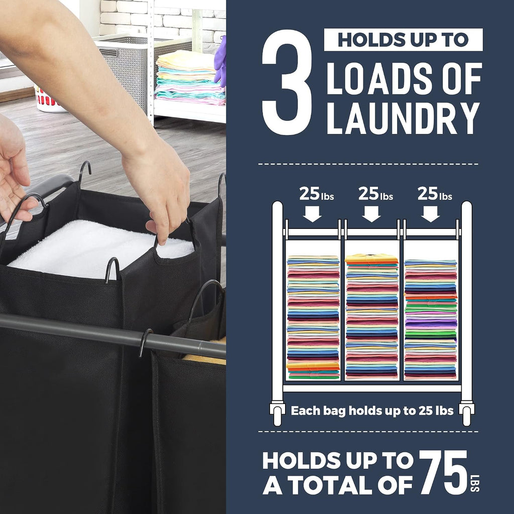 Laundry Sorter 3 Section, 3 Bag Clothes Hamper, Rolling Laundry Cart Basket with Heavy Duty Lockable Wheels and