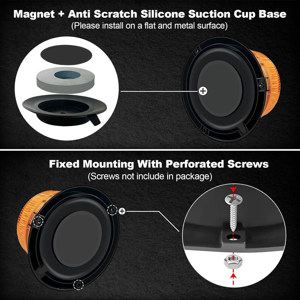 2-Pack Amber Strobe Beacon Light, Rechargeable LED, Magnetic Base | Wireless 3600mAh with suction cup mount.