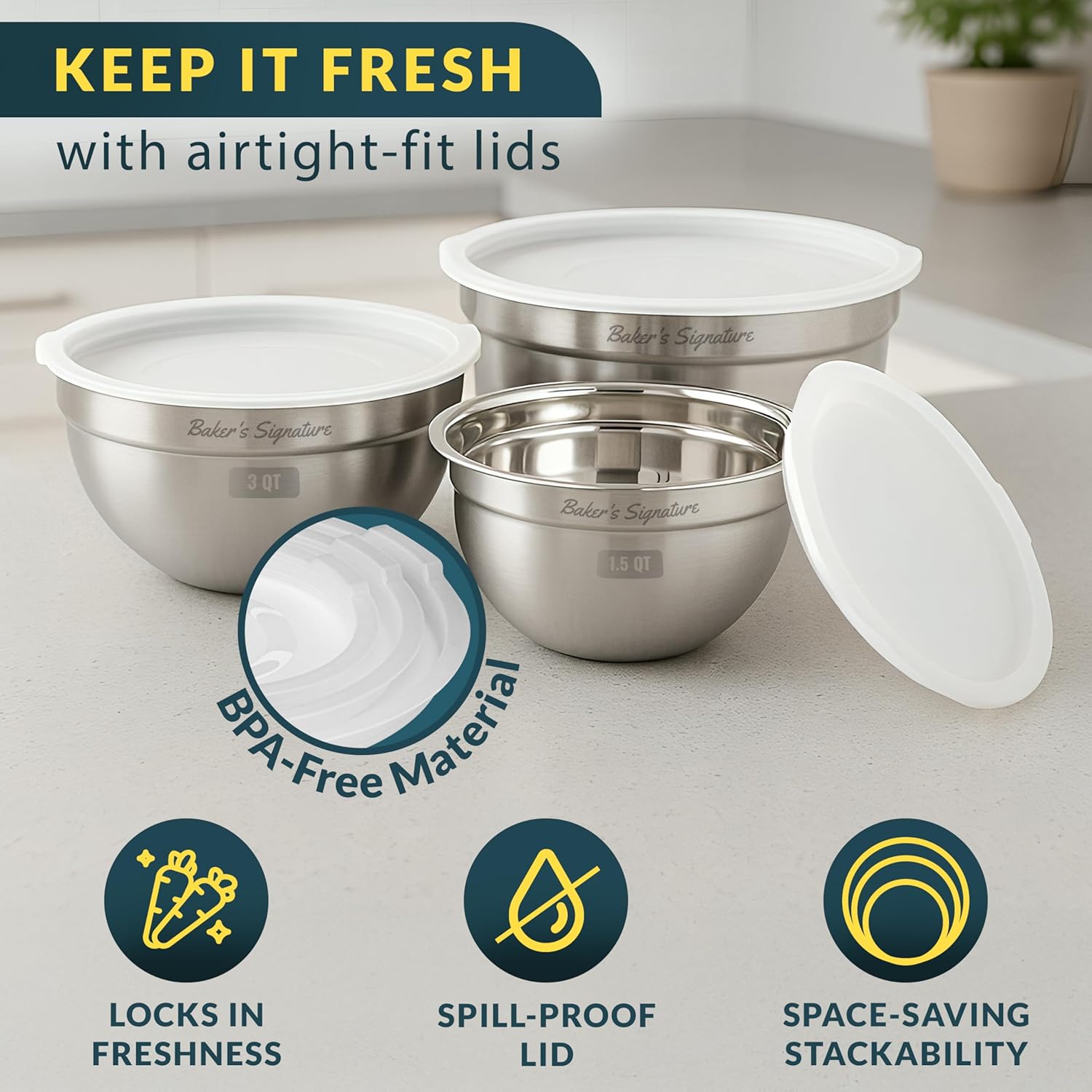 Stainless Steel Mixing Bowls With Lid, Metal Mixing Bowl Set Of 3, Nesting Set For Food Prep, Baking,Storage