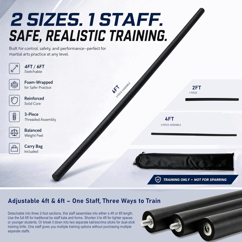Collapsible Bo Staff 4ft & 6ft Detachable Foam Training Staff – Lightweight with Carry Bag, Safe Non-Slip Thickened