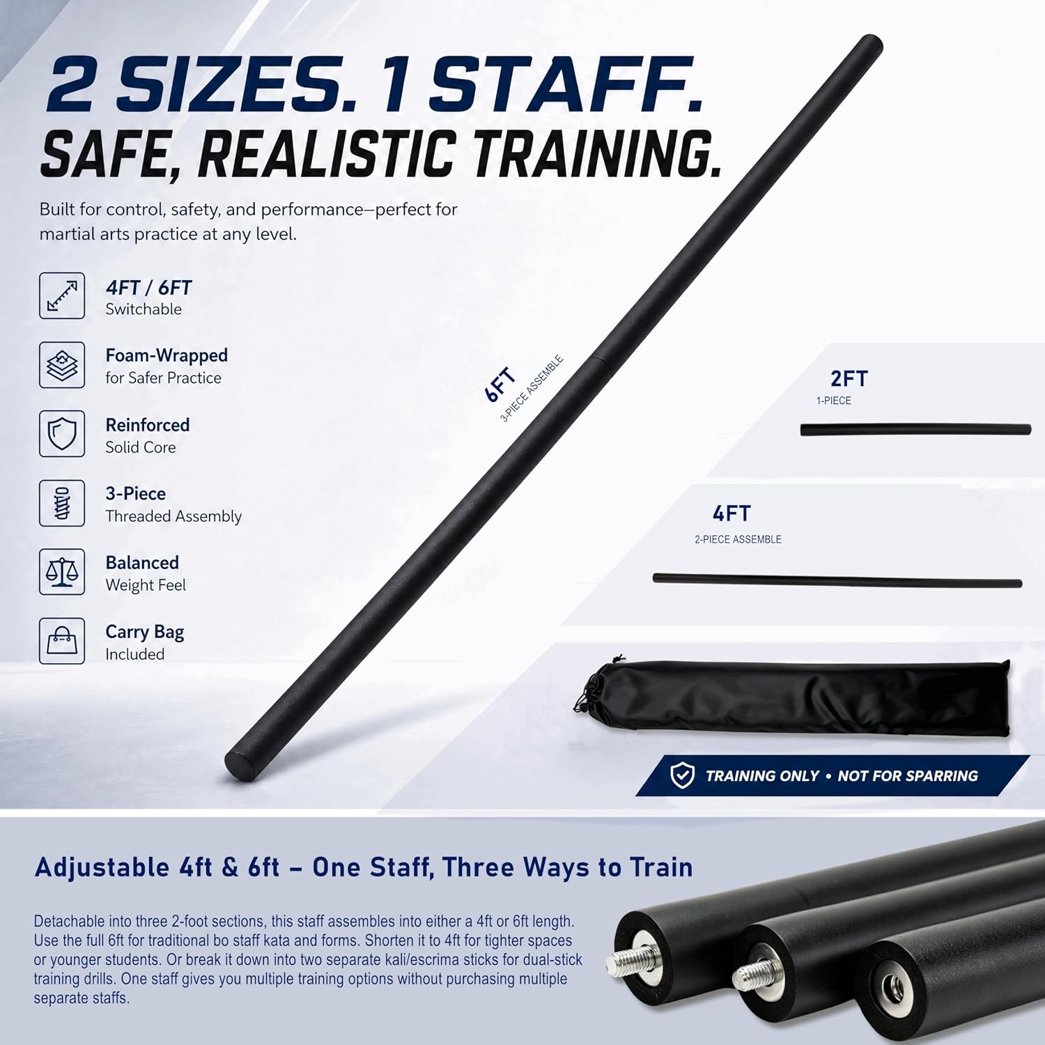 Collapsible Bo Staff 4ft & 6ft Detachable Foam Training Staff – Lightweight with Carry Bag, Safe Non-Slip Thickened