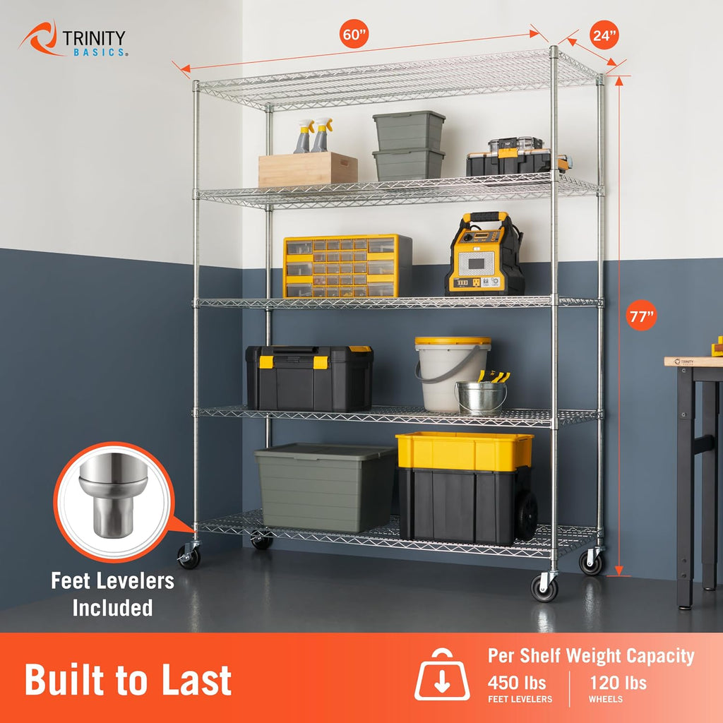 Basics 5-Tier NSF Heavy-Duty Wire Shelving Rack w Wheels, 60x24x72