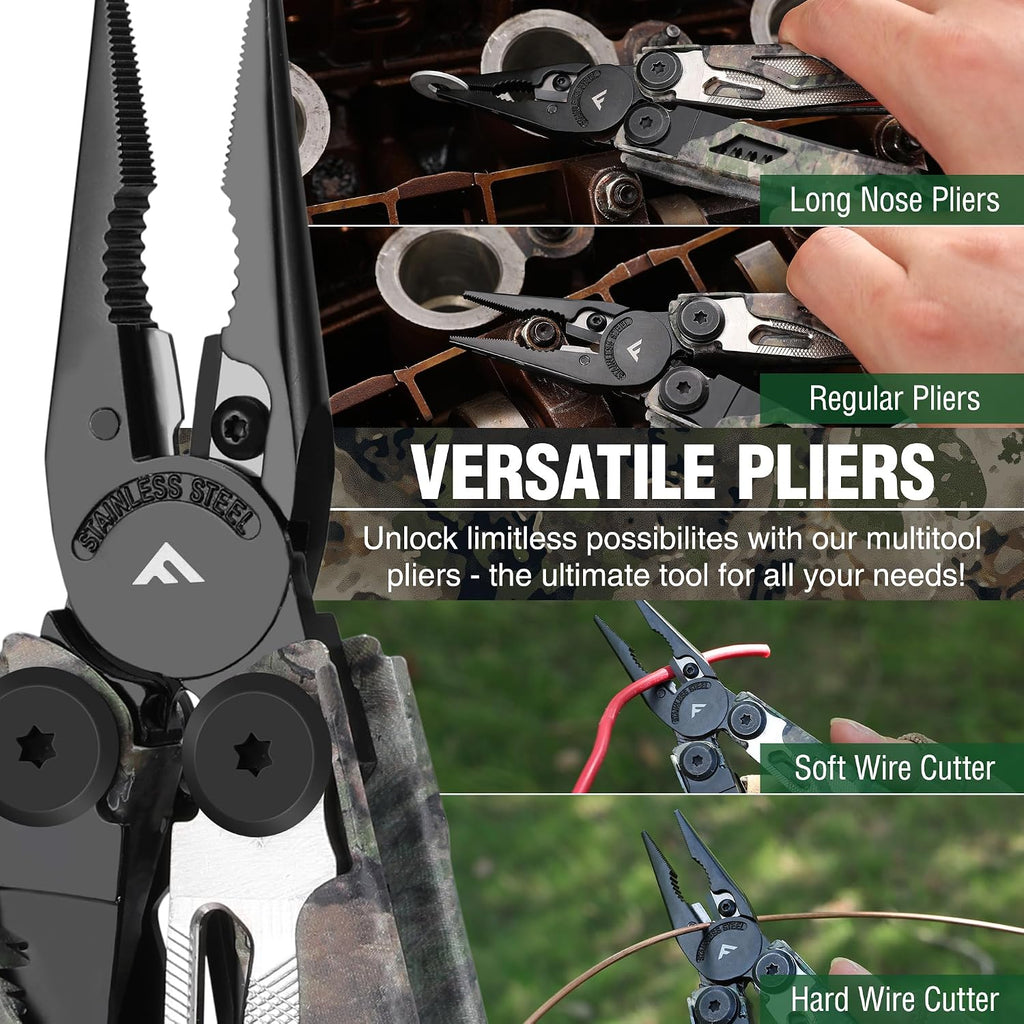 18-in-1 Camo EDC Multitool Pliers Fire Starter with Sheath | Equipped with Fire Starter, Window Breaker, Whistle