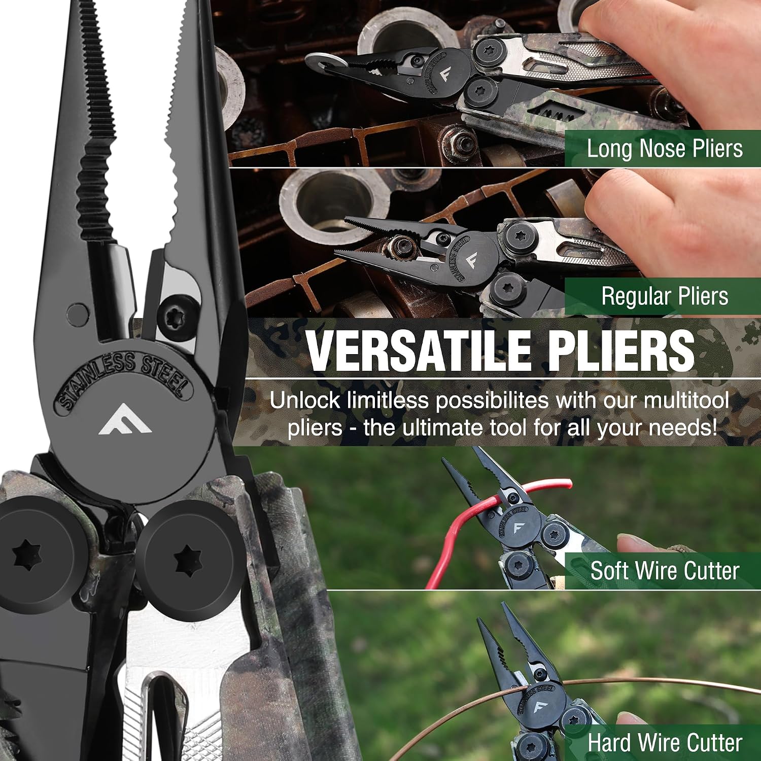 18-in-1 Camo EDC Multitool Pliers Fire Starter with Sheath | Equipped with Fire Starter, Window Breaker, Whistle