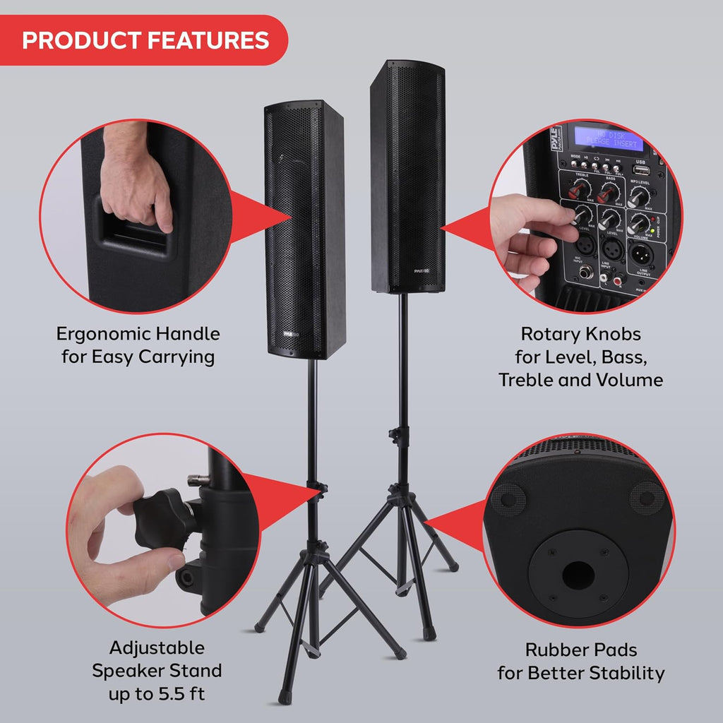 Portable Bluetooth PA System, 2000W Active and Passive Speaker System with Mic Input, Party Lights, USB/SD Card