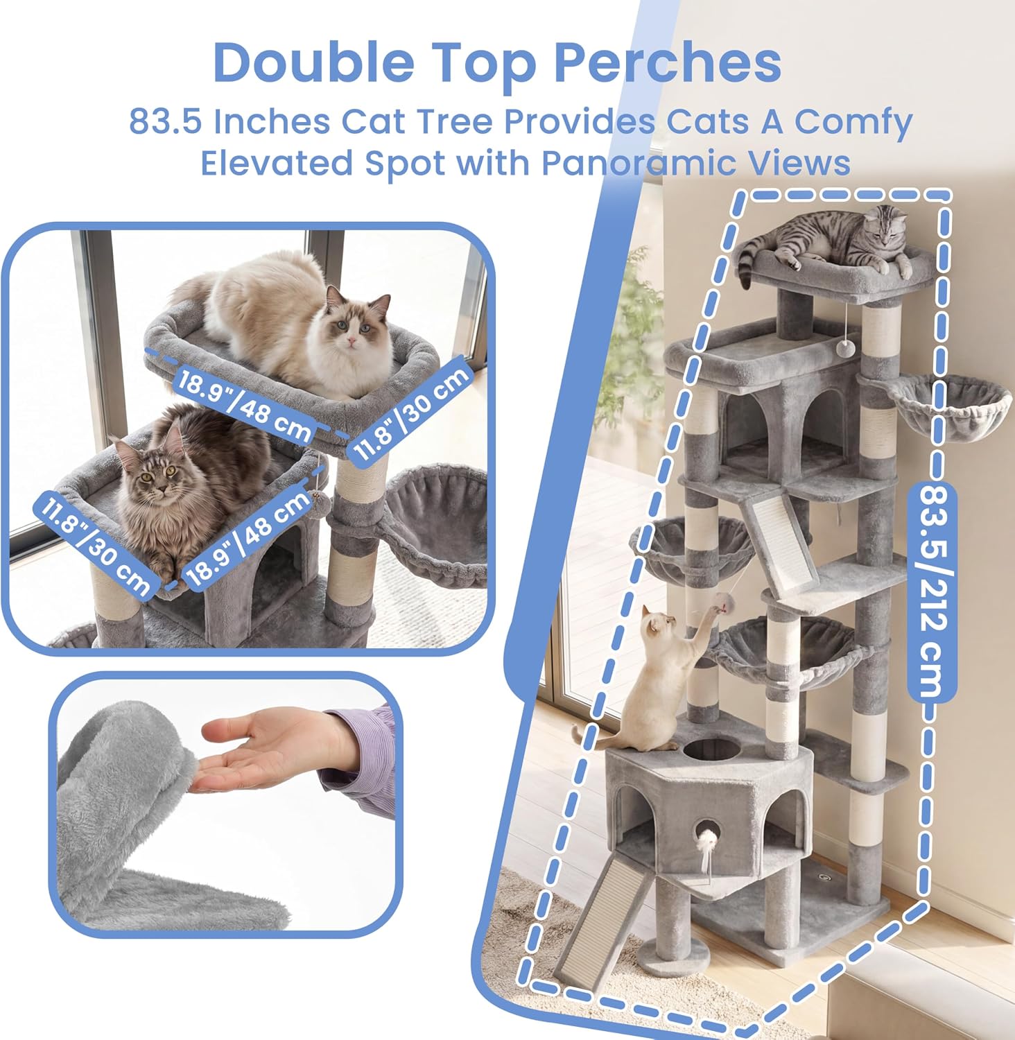 Cat Tree, 83.5" Heavy Duty Cat Tower for Large Cats Adult with Stable Structure, Tall Cat Furniture with 2 Perches, 2