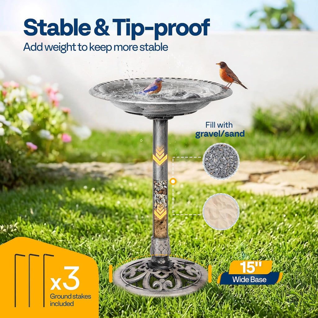 Bird Bath for Outside, Polyresin Pedestal Birdbath, Gray