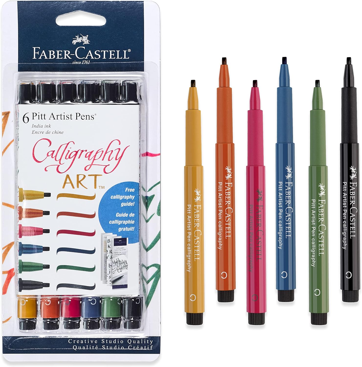 Pitt Artist Calligraphy Pens | 6 India Ink Pens, 2.5 mm Chisel Tip | Multicolor Calligraphy Pen Set for Lettering