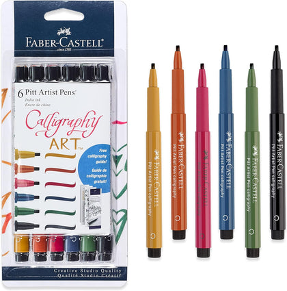 Pitt Artist Calligraphy Pens | 6 India Ink Pens, 2.5 mm Chisel Tip | Multicolor Calligraphy Pen Set for Lettering