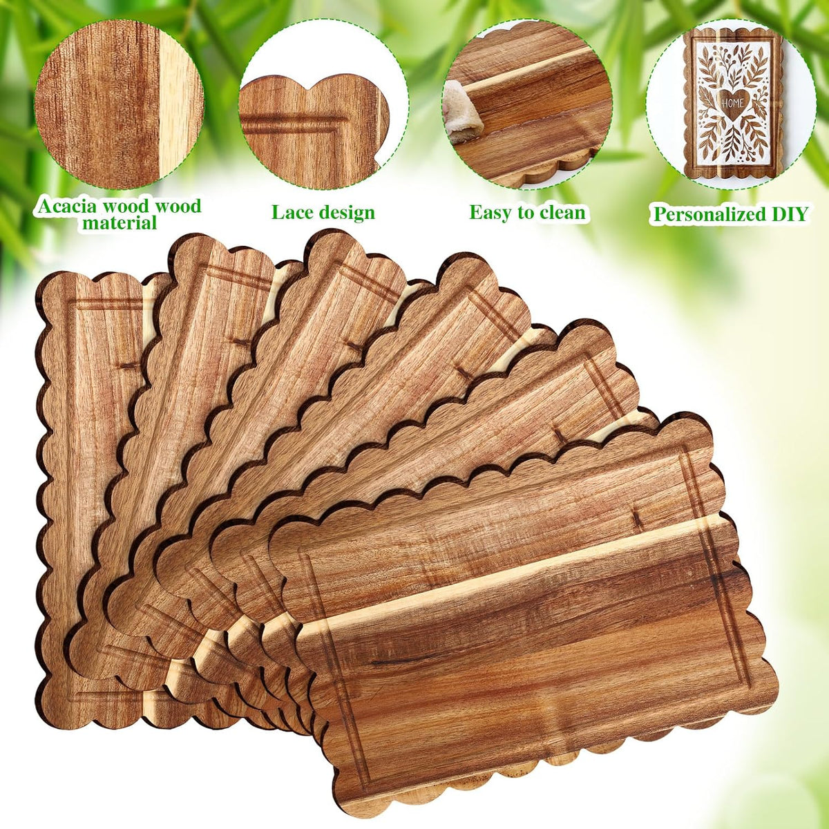 6 Pcs Acacia Wood Scalloped Charcuterie Board 12"x 8" Gift
