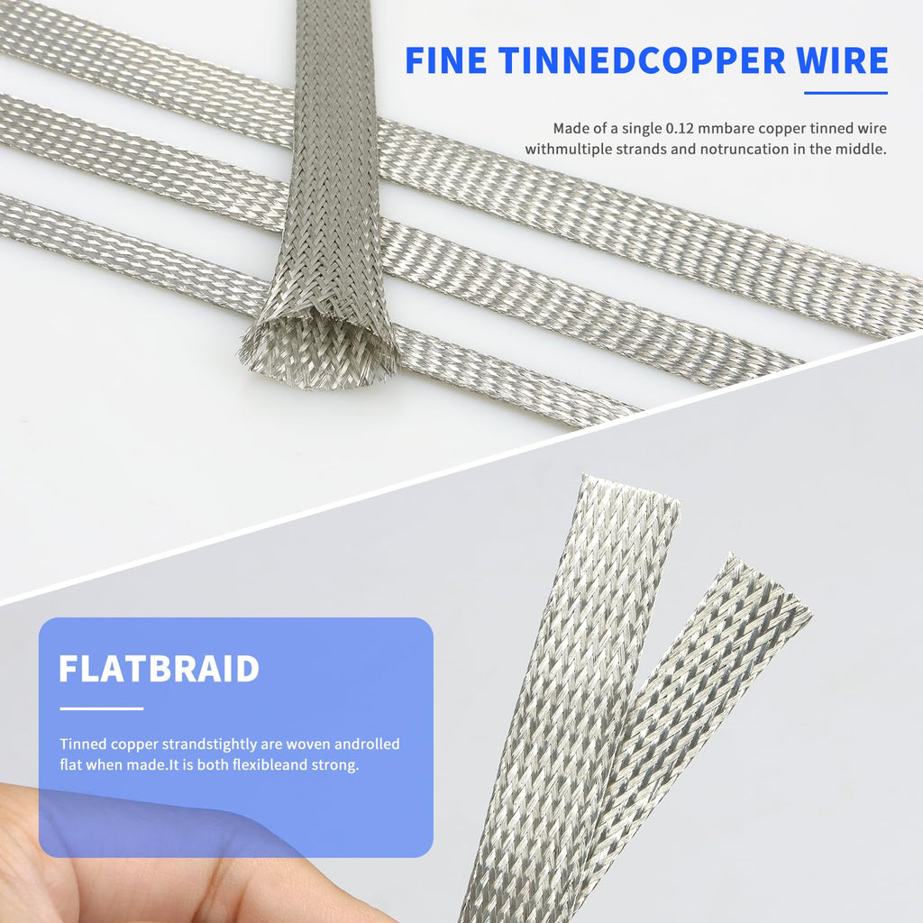 Tinned Copper Cable Sleeve, 15ft Expandable Mesh Braided Sleeving, Flexible Metal Ground Straps Wire Harness Protector (Silver, 1" Wide)
