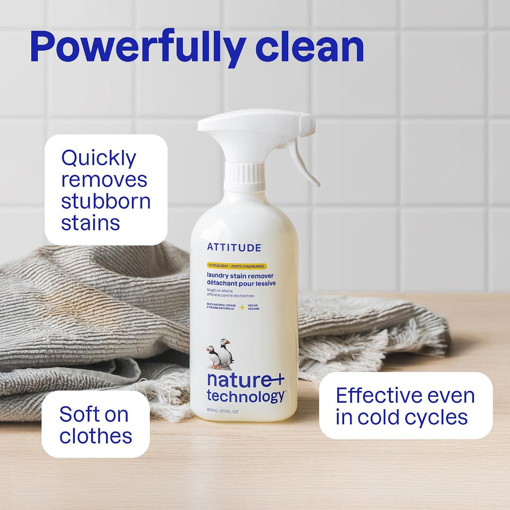 ATTITUDE Laundry Stain Remover Spray, Plant Based, Citrus Zest, 27 oz