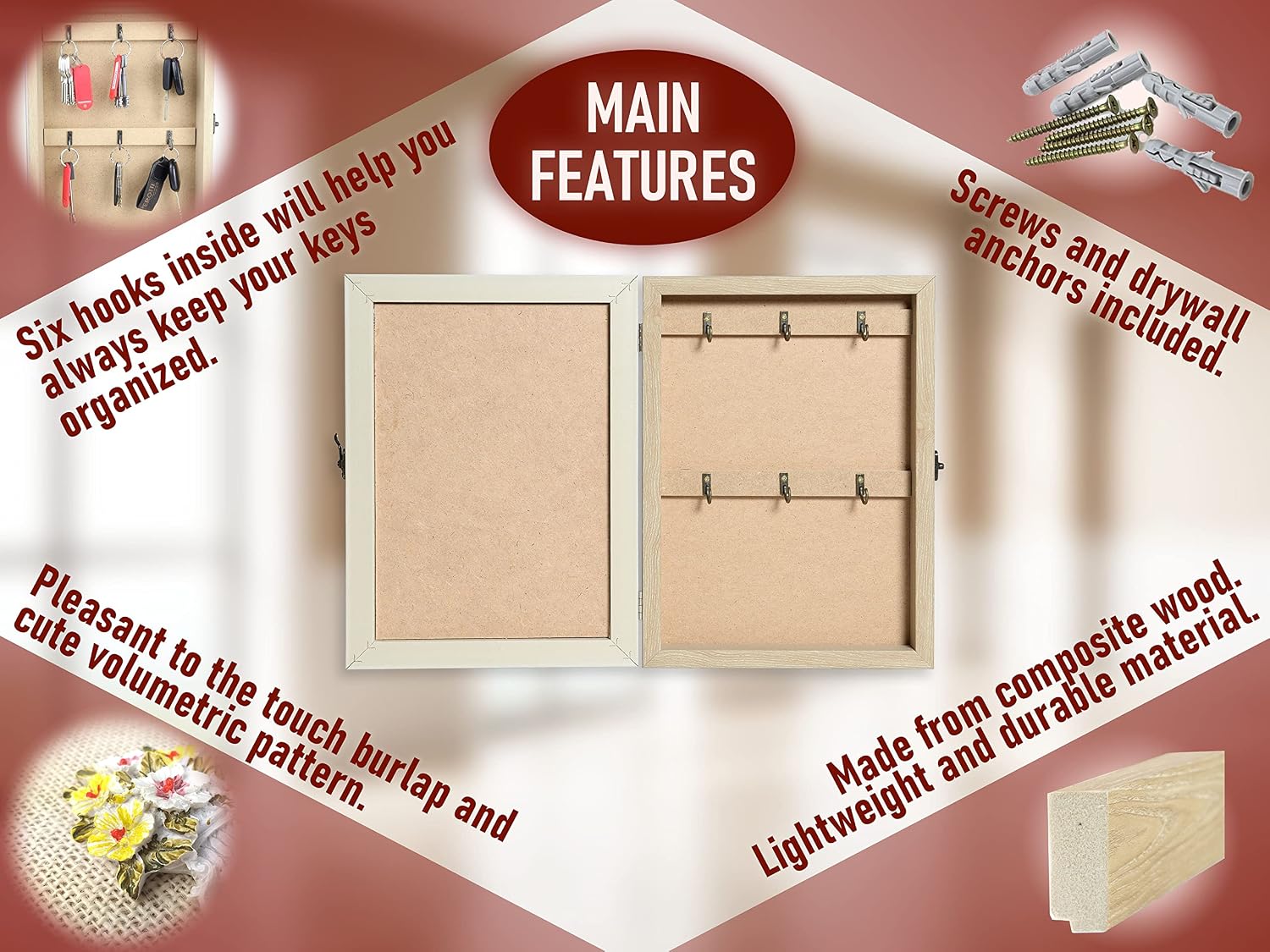 Wooden Key Box Wall Mount - Cute Rustic Decorative Cabinet - Premium Holder With 6-Hooks - Small White Box