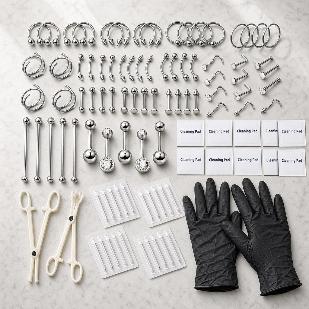 103PCS Piercing Kit for all Body Piercings Stainless Steel Piercing Jewelry with 12G 14G 16G 20G Piercing Needles and