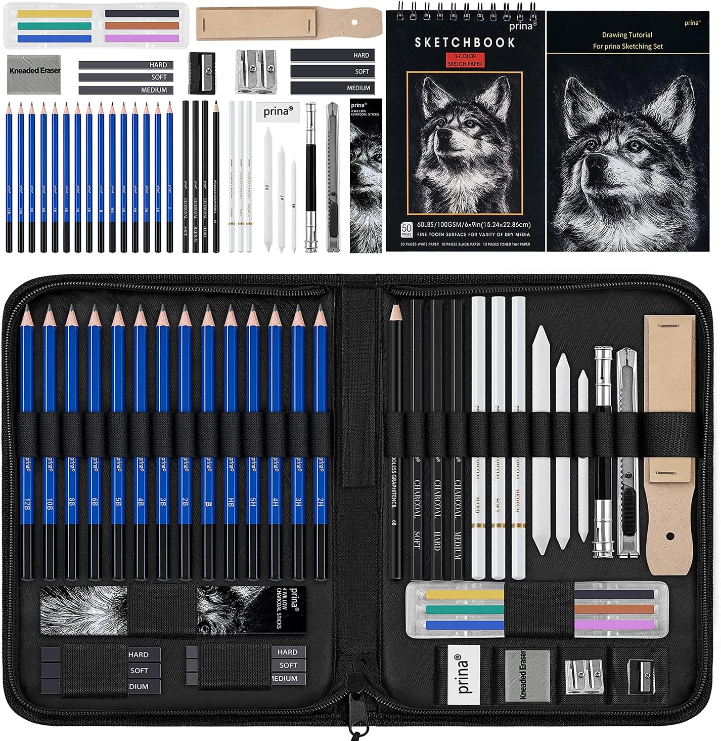 50 Pack Drawing Set Sketch Kit, Sketching Supplies with 3-Color Sketchbook, Graphite, and Charcoal Pencils, Pro Art