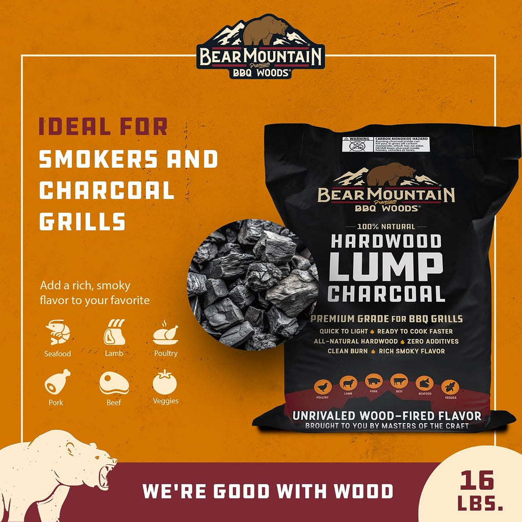 Bear Mountain BBQ Hardwood Lump Charcoal, Premium Grade for BBQ Grills, Quick to Light and Ready to Cook Faster, Rich