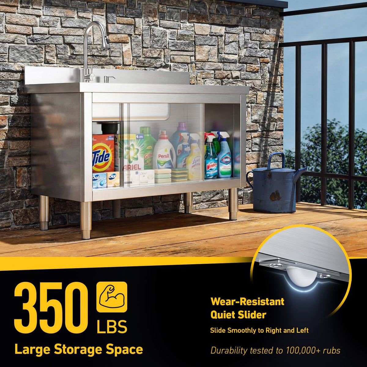 47" Utility Sink With Cabinet, 304 Stainless Steel, Outdoor Kitchen