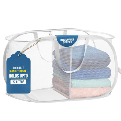 Collapsible Laundry Basket, 2-Compartment Mesh Hamper – Foldable, Space-Saving, Lightweight & Durable with Handles