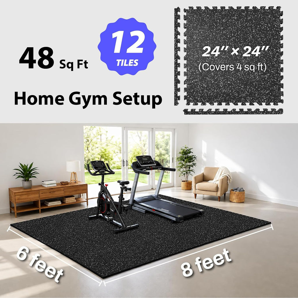 1'' Ultra-Thick 48 Sq Ft Rubber Top Gym Flooring for Home Gym, 12 Tiles High Density EVA Foam Exercise Mats