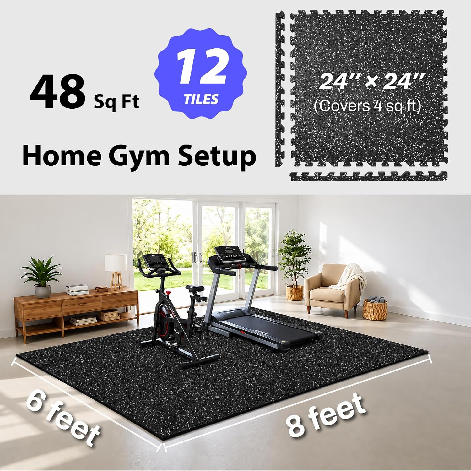 1'' Ultra-Thick 48 Sq Ft Rubber Top Gym Flooring for Home Gym, 12 Tiles High Density EVA Foam Exercise Mats