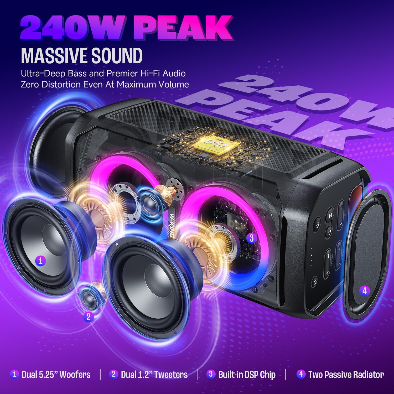 Portable Bluetooth Speaker 240W, Loud Boom Box with Deep Bass Subwoofers, IPX6 Waterproof Party Outdoor Speaker