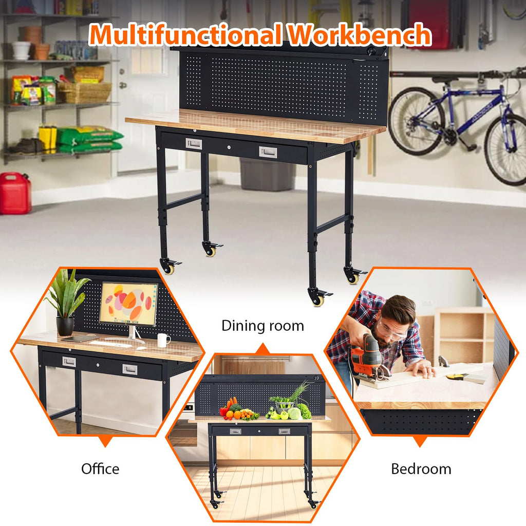 60" Adjustable Height Workbench, Rubber Wood Tabletop Workbench with Pegboard, Storage Drawers, Rolling Work Table