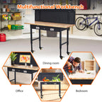 60" Adjustable Height Workbench, Rubber Wood Tabletop Workbench with Pegboard, Storage Drawers, Rolling Work Table