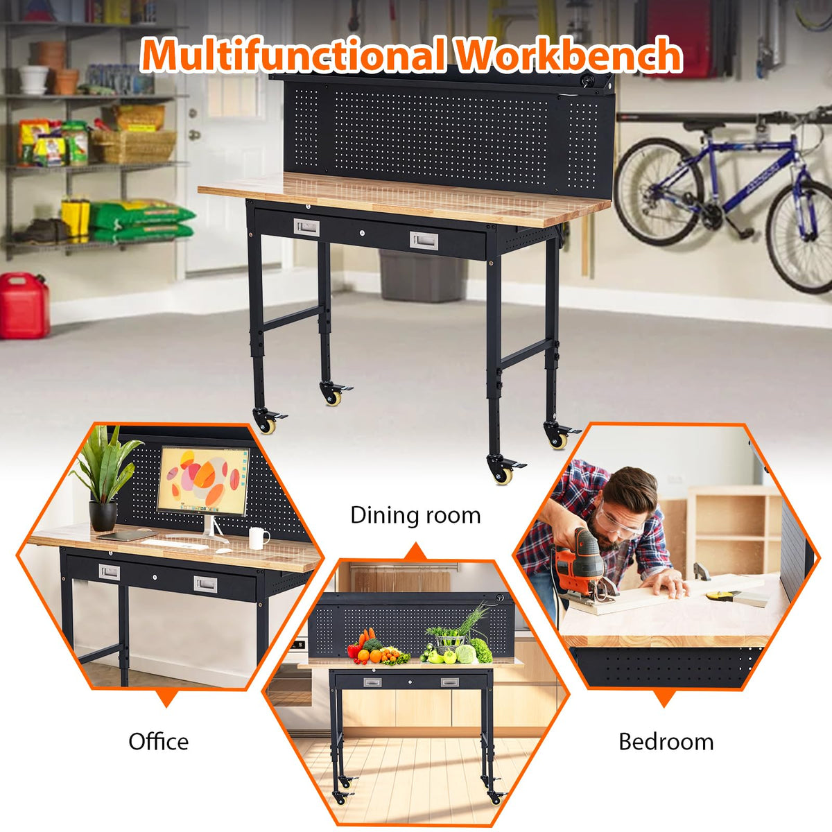 60" Adjustable Height Workbench, Rubber Wood Tabletop Workbench with Pegboard, Storage Drawers, Rolling Work Table