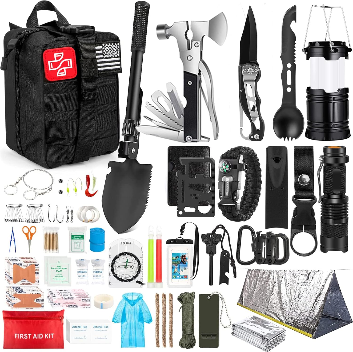 254 in 1 Survival Kit, First Aid Kit for Men | Outdoor Emergencies, Includes Hatchet, Shovel, Flashlight, Tools