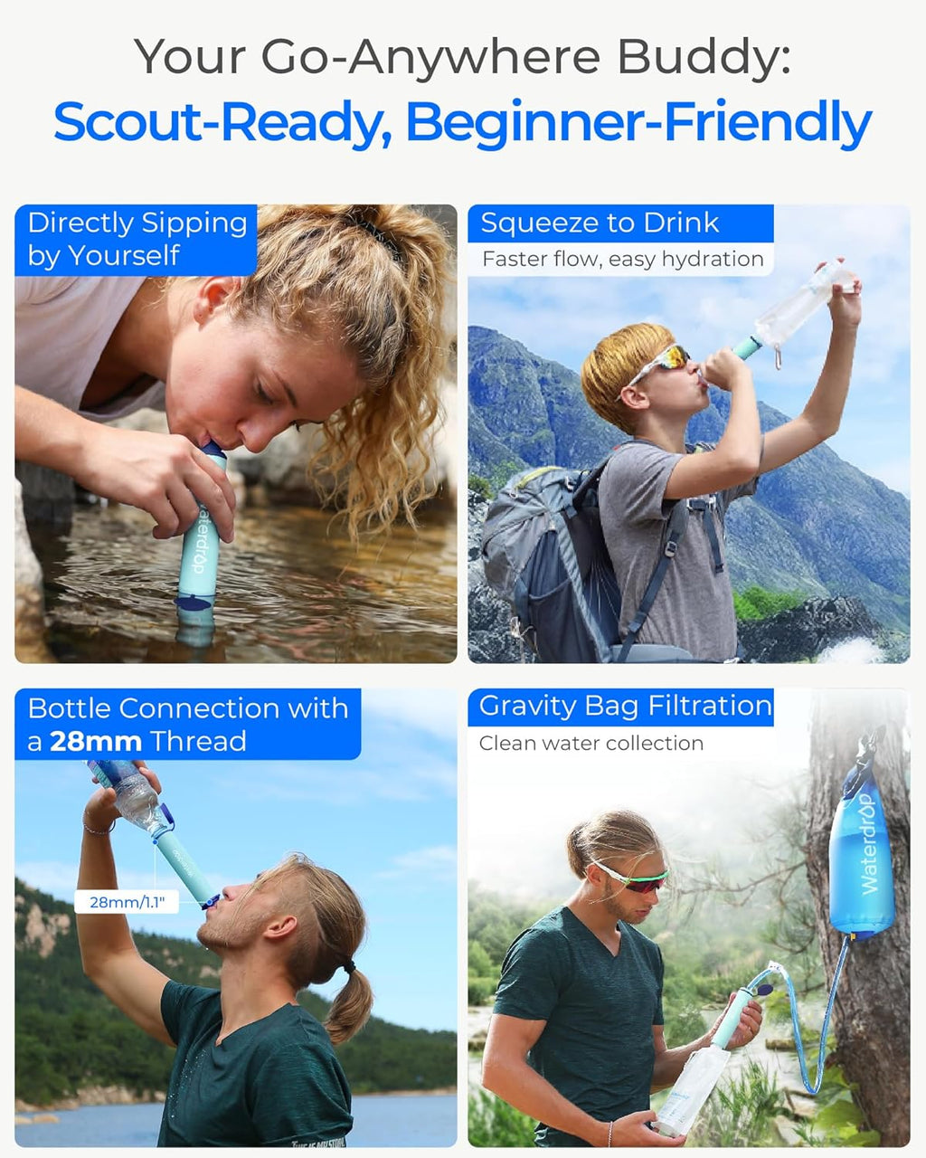 Gravity Water Filter Straw, Camping Water Filter, 0.1 Micron | Survival Water Purifier for Hiking, Backpacking &