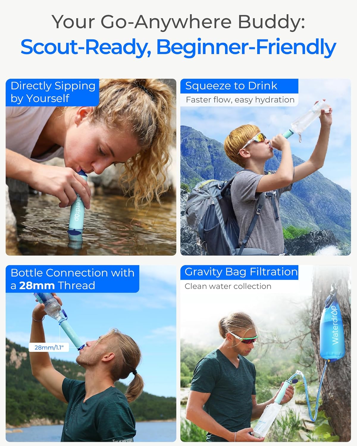Gravity Water Filter Straw, Camping Water Filter, 0.1 Micron | Survival Water Purifier for Hiking, Backpacking &