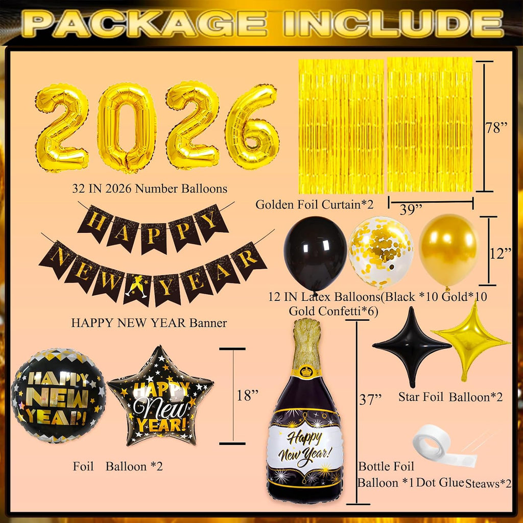 2026 Happy New Year Balloons Decorations Kit, 2026 New Years Eve party supplies, New Years Decorations 2026 Set with