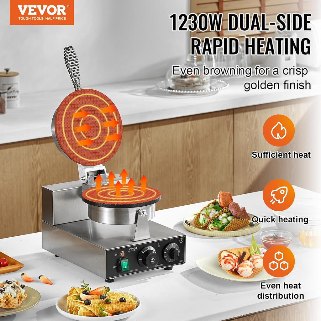 Commercial Waffle Maker 1 Pc Cone, Electric Stainless Steel | Crepe/Bubble Waffle/Pancake Maker, Temp Control