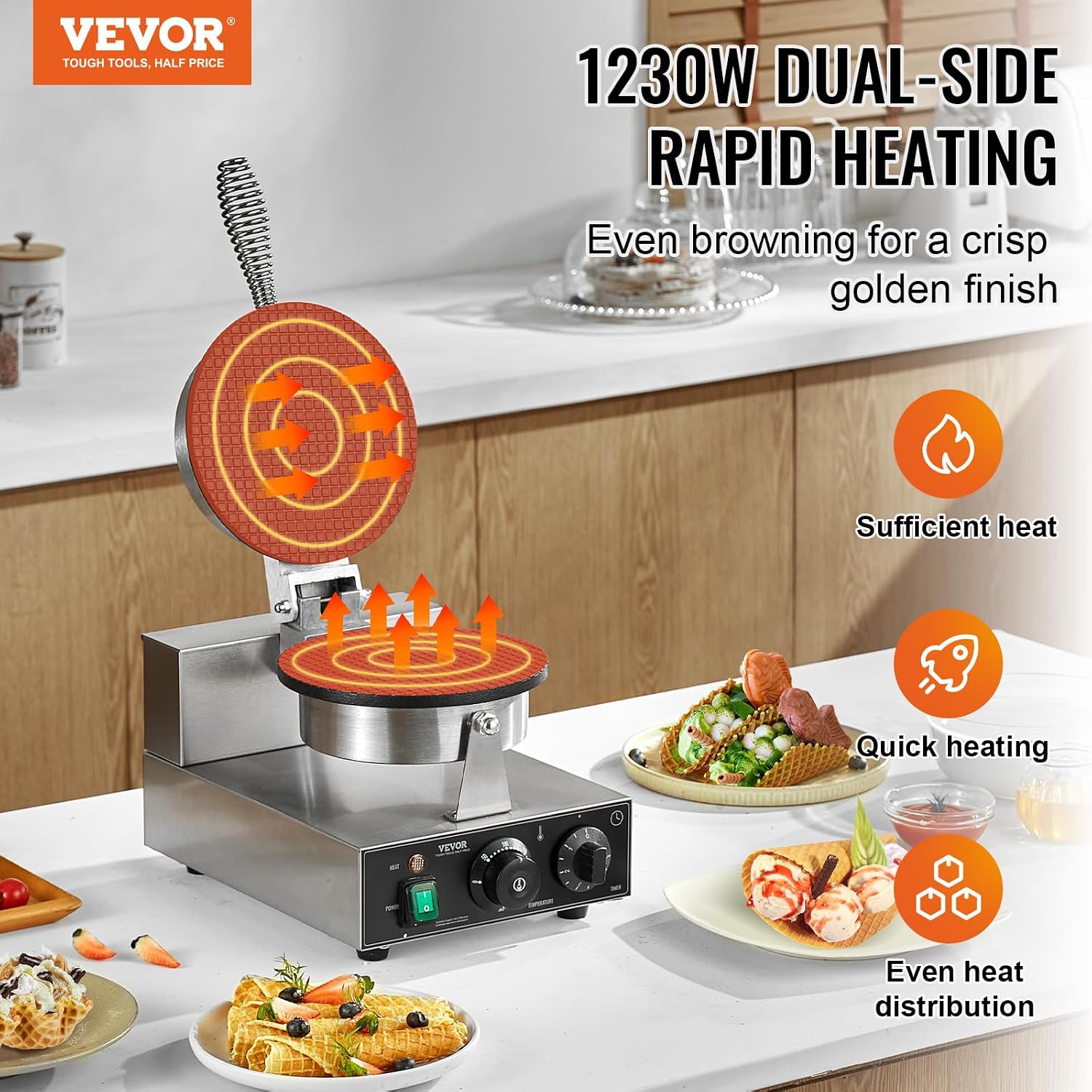 Commercial Waffle Maker 1 Pc Cone, Electric Stainless Steel | Crepe/Bubble Waffle/Pancake Maker, Temp Control
