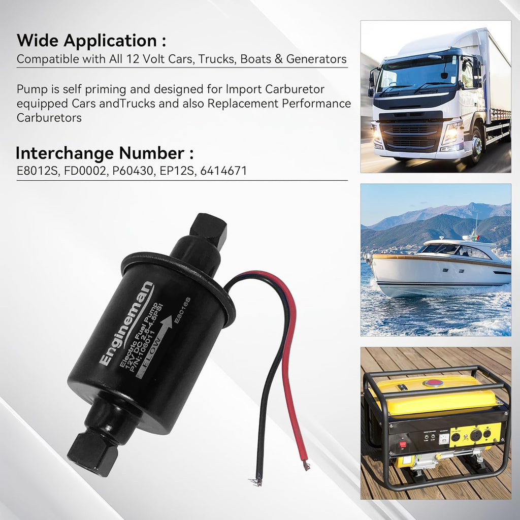 Universal Electric Fuel Pump 12V 2.5-4.5 PSI Inline External 5/16 Inch Compatiable with Gas Diesel Marine Carburetor