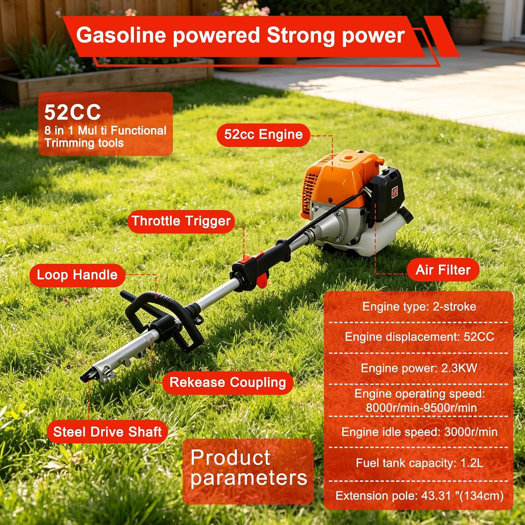 52CC 2-Stroke Gas Weed Eater, Multi-Functional Gas Powered Brush Cutter with Hedge Trimmer, Pole Saw, Auxiliary