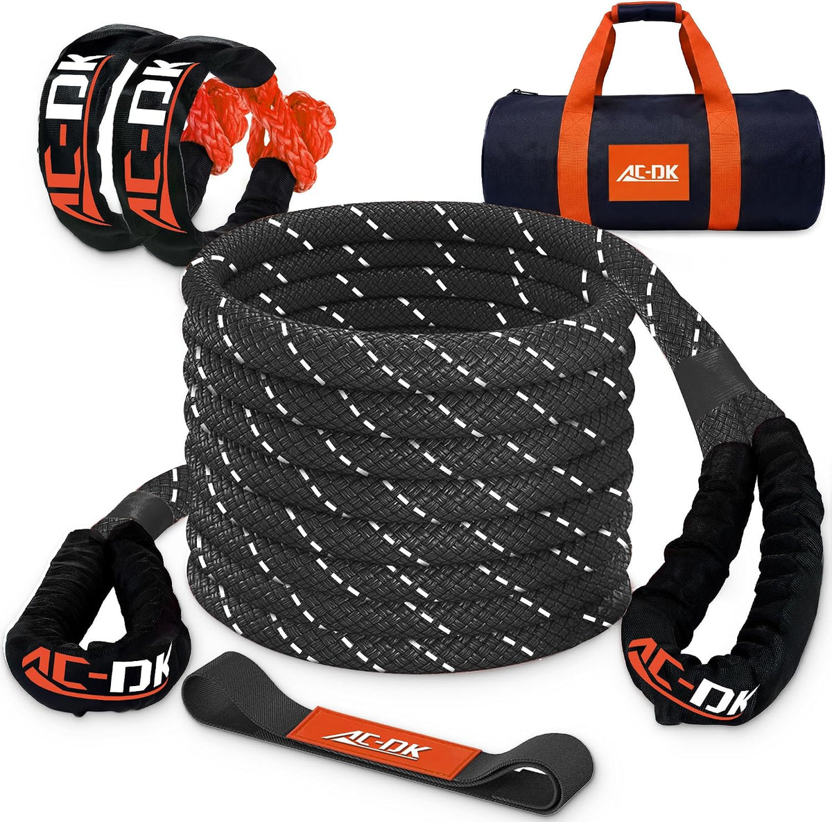 Kinetic Recovery Rope (1in x 30ft ‎Black) 48,500lbs Snatch Strap,Heavy Duty Stretch Nylon Towing Ropes with 2pcs Soft