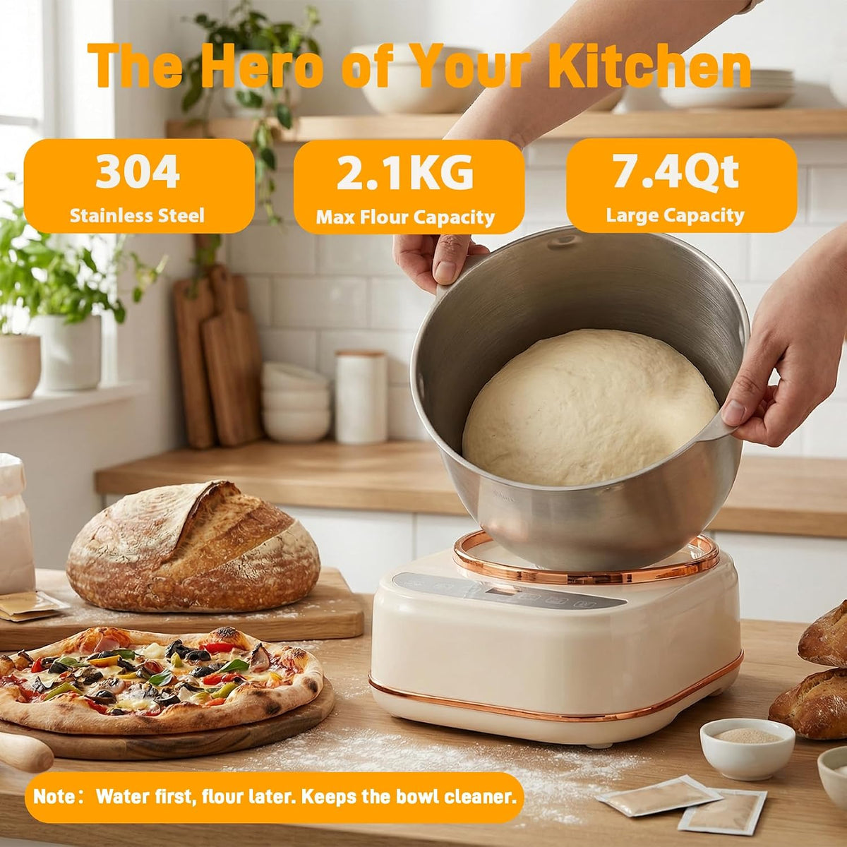 7.4QT Electric Dough Mixer with Ferment Function, Large Capacity Dough Maker Machine, 304 Stainless Steel