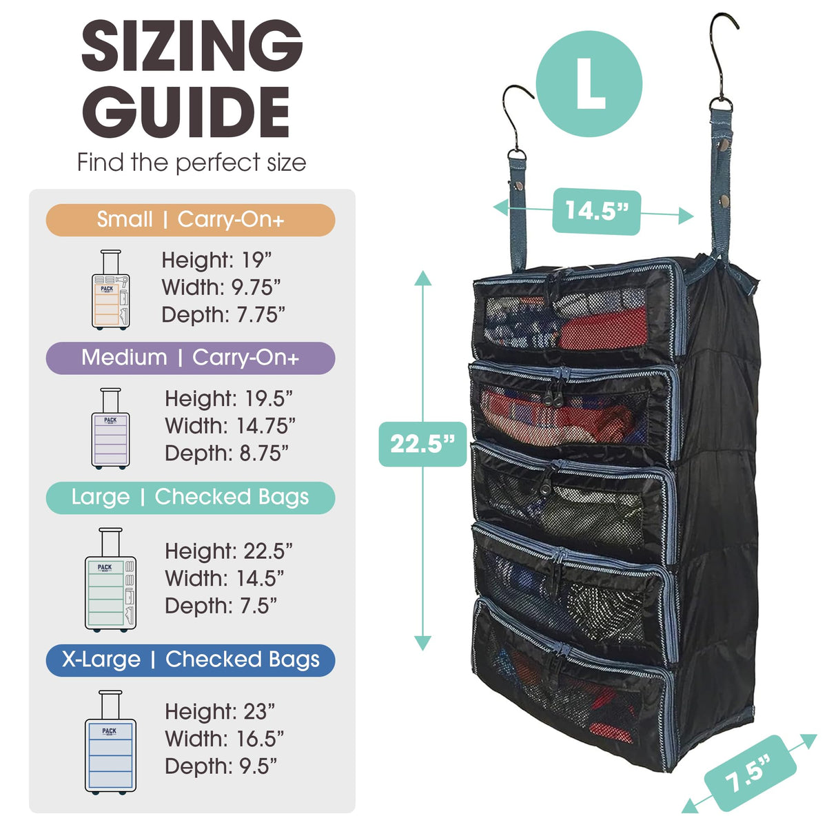 Large Hanging Suitcase Organizer with Mesh Windows, Black